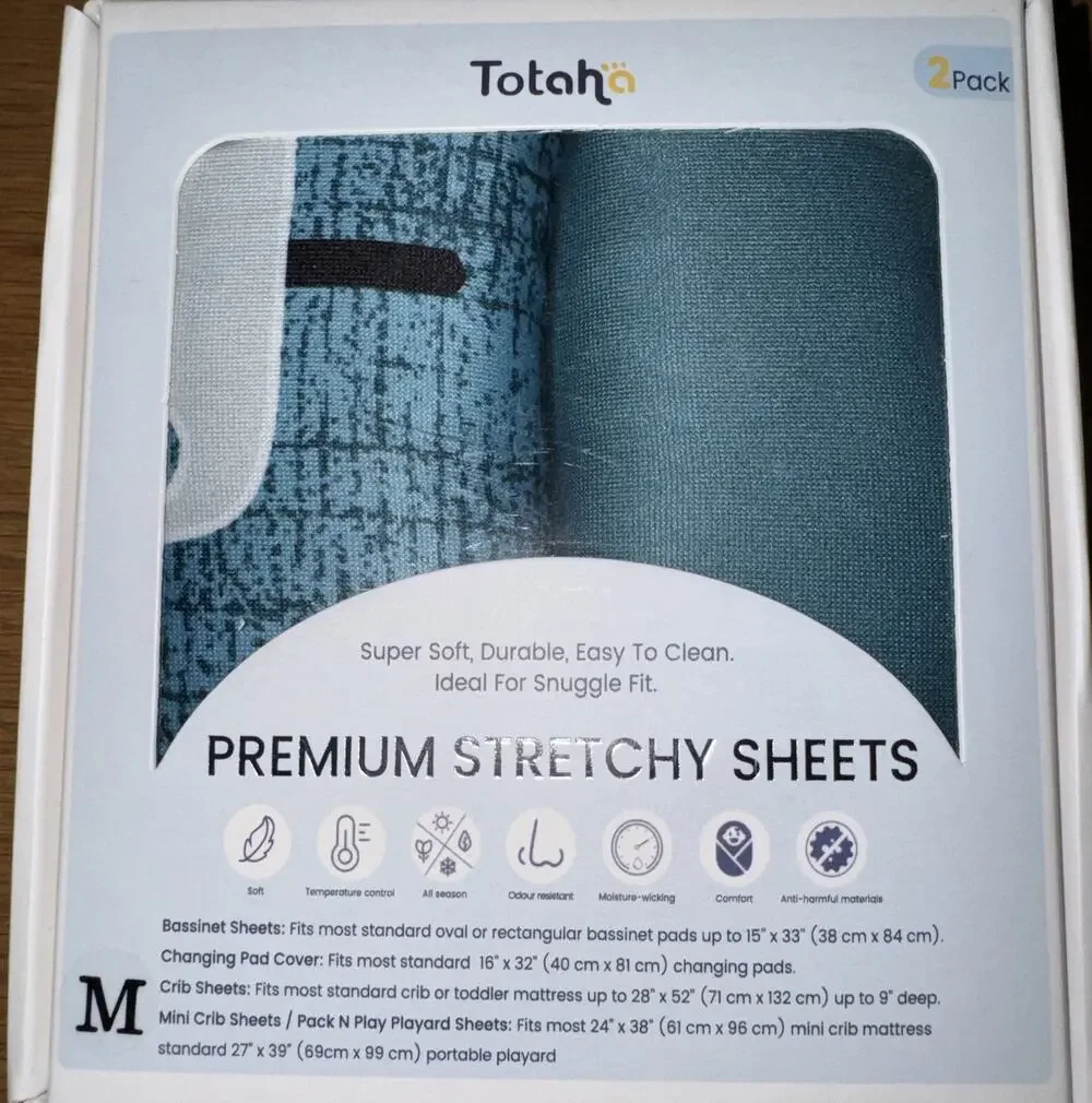 TotAha Premium Stretchy Crib Sheets (2-Pack) Silky Comfort NIB Teal/Green 32x16